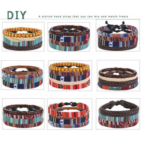 24pcs Men Women Linen Hemp Cords Wood Beads Ethnic Tribal Bracelets Leather Wristbands Friendship Bracelet For Men Women